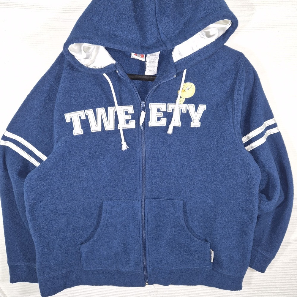 Looney Tunes Tweety Bird Fleece Zip Up Hoodie Jacket Blue Large Y2K Cartoon